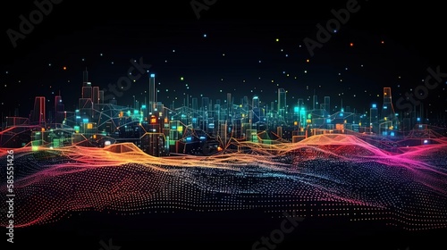 Futuristic Smart City Visualization: Big Data Technology Landscape with Connected Dots, Gradient Lines, and Flowing Wave Patterns in 8K created with generative ai technology