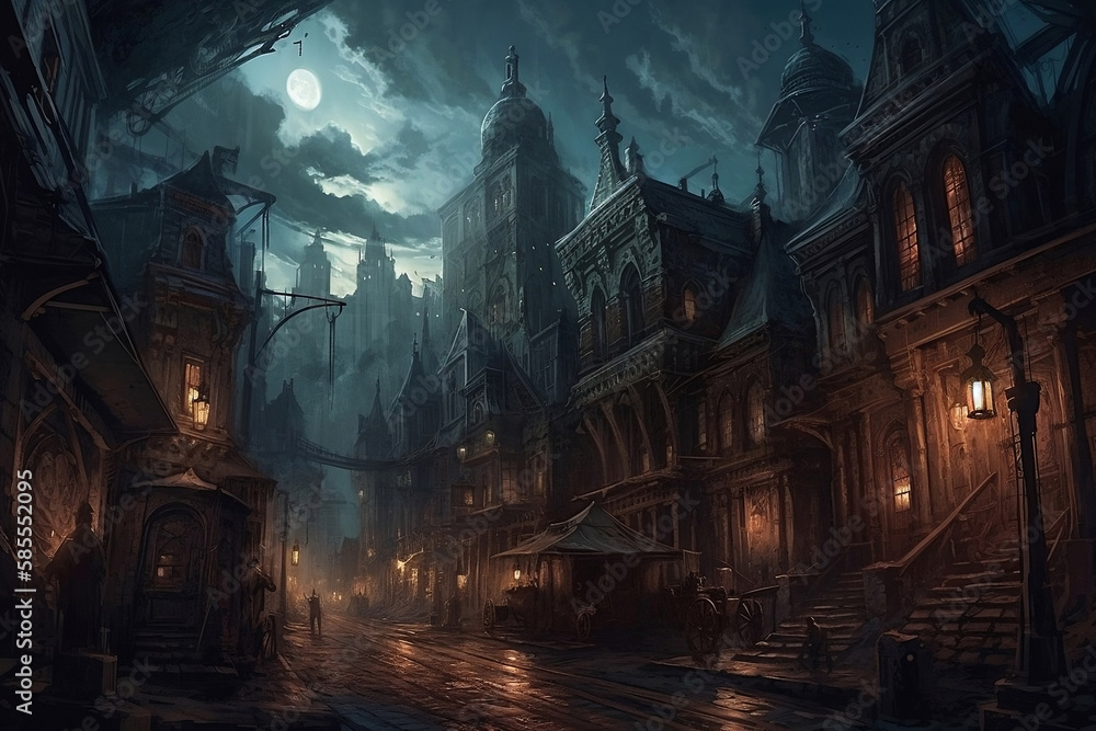 Naklejka premium horror mysterious city at night fantasy, generative ai