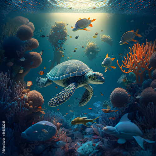 Coral reef with turtle and fishes. Illustration. Generative ai.