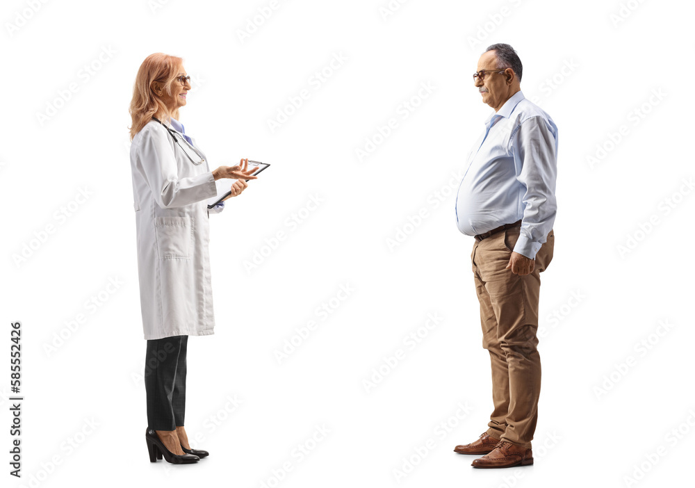 Full length profile shot of a mature male patient listening to a female physician Full length profile shot of a mature male patient listening to a female physician