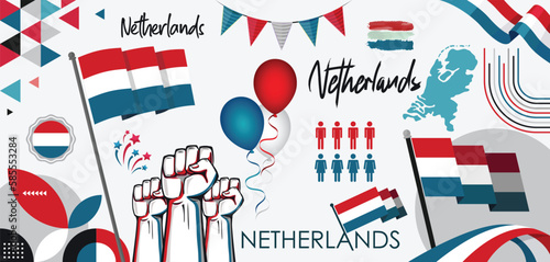 Netherlands national day banner design collection set. Dutch flag theme graphic art background. Abstract celebration decoration icons, red white blue color. Map ribbon badge fists balloons vector.
