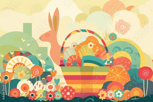 Easter Scrapbook Scrapbooking Stationary Colorful Background with Easter Bunny Eggs Basket Vector Illustration © DigitalFury
