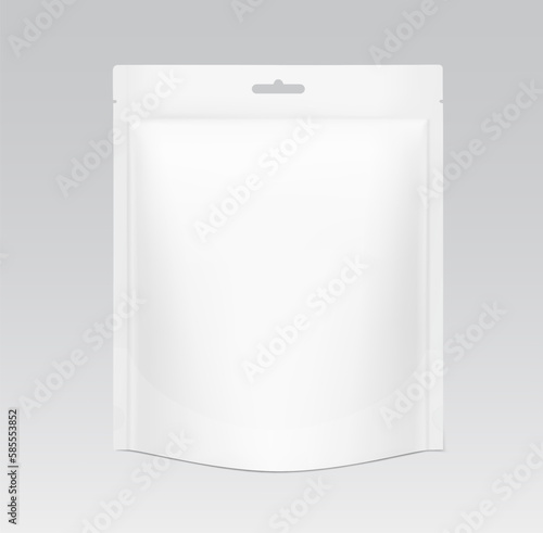 Blank stand up pouch bag with zipper mockup. Vector illustration. Front view. Realistic mockup will perfectly convey the benefits of your product. EPS10.	