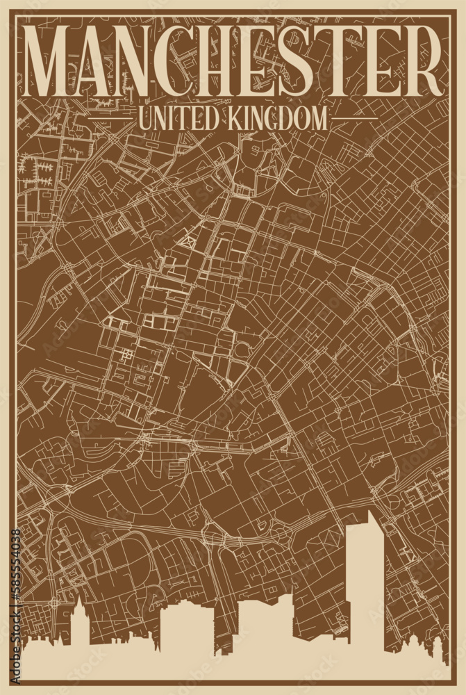 Colorful hand-drawn framed poster of the downtown MANCHESTER, UNITED ...