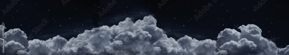 Black dark blue night sky. Stars. White cumulus clouds. Moonlight, starlight. Background. Astrology, astronomy, science fiction, fantasy, dream. Storm front. Dramatic. Wide banner. Panoramic.