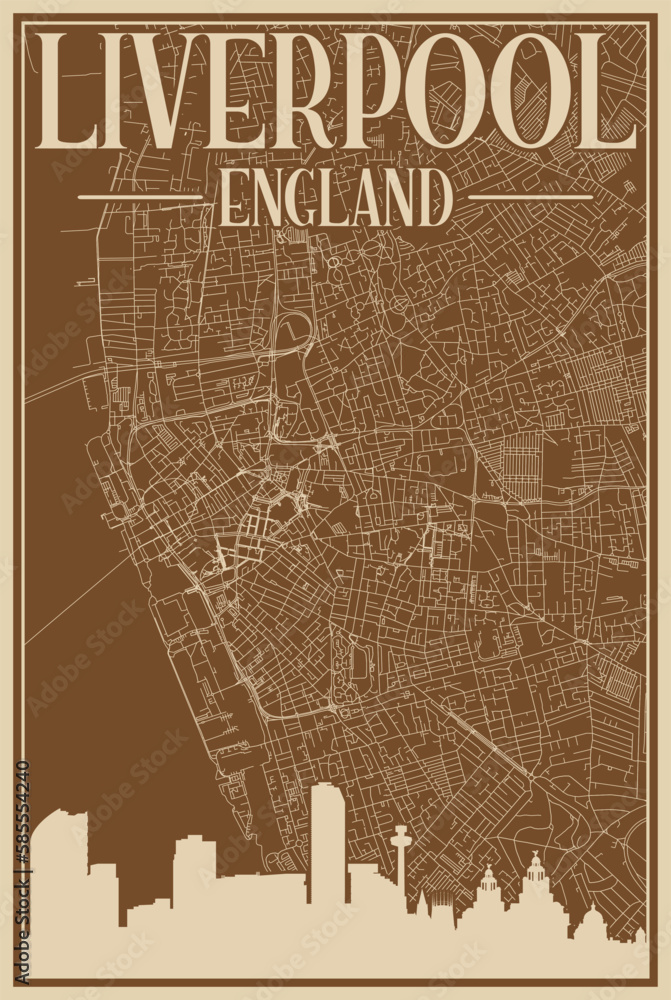 Colorful hand-drawn framed poster of the downtown LIVERPOOL, UNITED KINGDOM with highlighted vintage city skyline and lettering Colorful hand-drawn framed poster of the downtown LIVERPOOL, UNITED KINGDOM with highlighted vintage city skyline and lettering