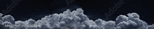 Black dark blue night sky. Stars. White cumulus clouds. Moonlight, starlight. Background. Astrology, astronomy, science fiction, fantasy, dream. Storm front. Dramatic. Wide banner. Panoramic.