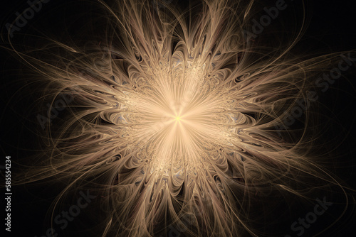 Orange floral pattern of crooked waves on a black background. Abstract fractal 3D rendering