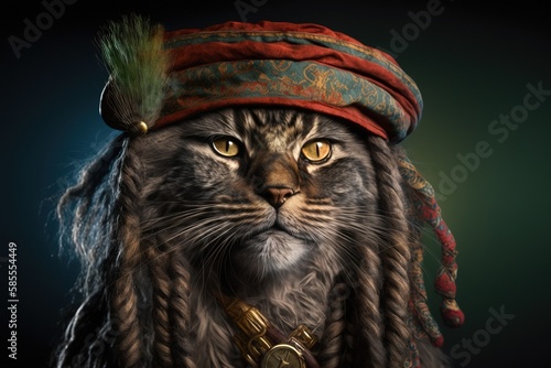 Portrait Rastaman cat with a cigarette and smoke, close-up, colored hat, isolated background, generative ai