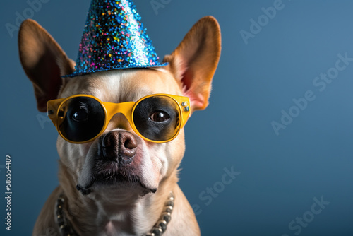 Festive animal, dog in a party hat with crackers and confetti, celebrates a birthday, holiday, postcard, invitation, generative ai © Gizmo