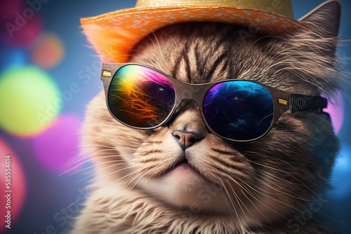 Festive animal, cat in a party hat with crackers and confetti in sunglasses, celebrates a birthday, holiday, postcard, invitation, generative ai © Gizmo