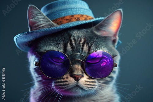 Festive animal, cat in a party hat with crackers and confetti in sunglasses, celebrates a birthday, holiday, postcard, invitation, generative ai
