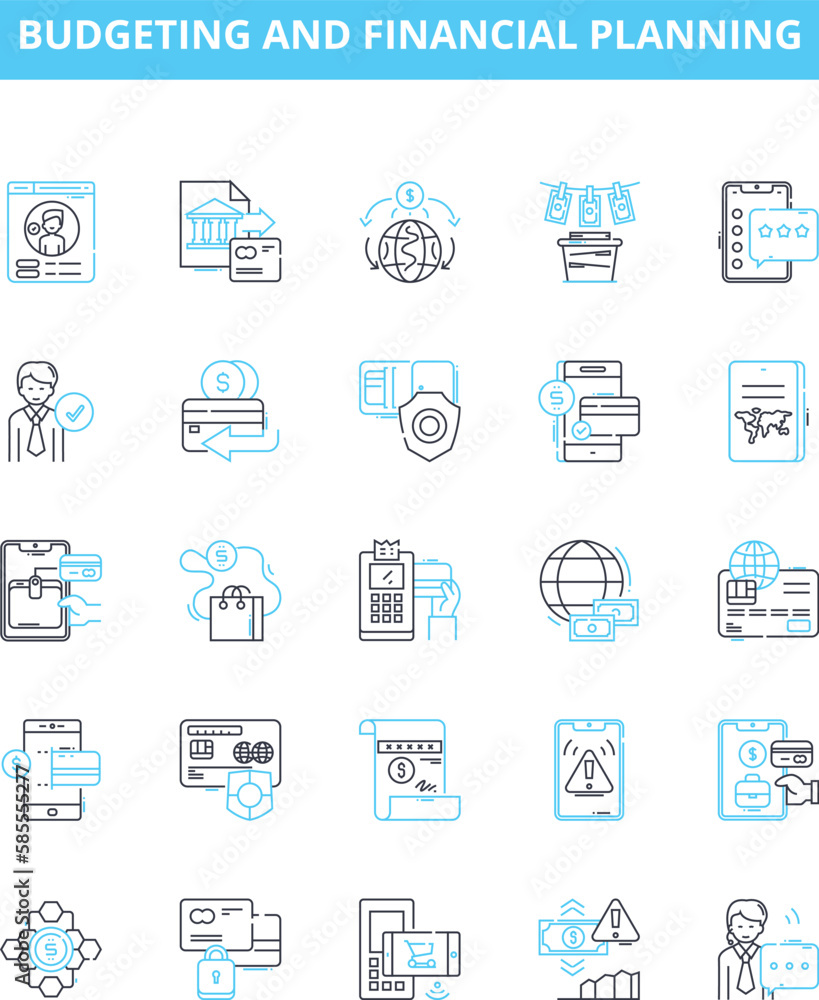 Budgeting and financial planning vector line icons set. Budget, Income, Expenses, Saving, Investing, Retirement, Debt illustration outline concept symbols and signs Budgeting and financial planning vector line icons set. Budget, Income, Expenses, Saving, Investing, Retirement, Debt illustration outline concept symbols and signs