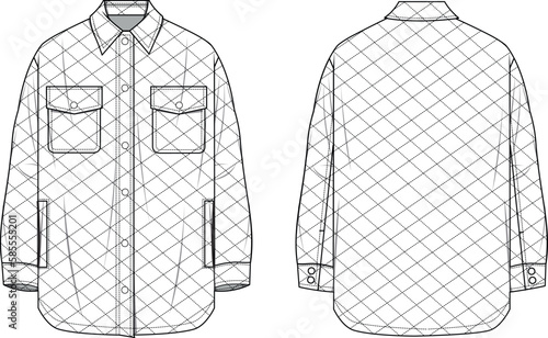 Women's Quilted Shacket- Technical fashion illustration. Front and back, white color. Unisex CAD mock-up