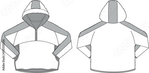 Women's Sherpa Half-Zip Sweater. Technical fashion illustration. Front and back, white color. Unisex CAD mock-up.