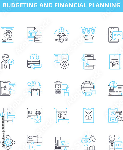 Budgeting and financial planning vector line icons set. Budget, Income, Expenses, Saving, Investing, Retirement, Debt illustration outline concept symbols and signs