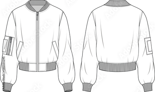 Women's Elastic Hem Zip-up Bomber Jacket. Technical fashion illustration. Front and back, white color. Unisex CAD mock-up.
