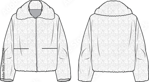 Women's Short Plush Fur Coat. Technical fashion illustration. Front and back, white color. Women's CAD mock-