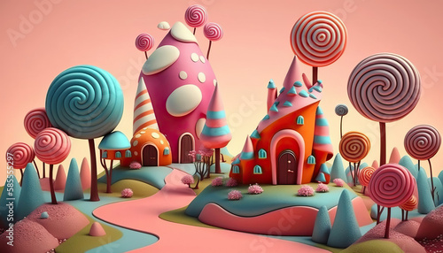 sweet magical colorful country with marshmallow houses and trees. confectionery mastic. generative AI