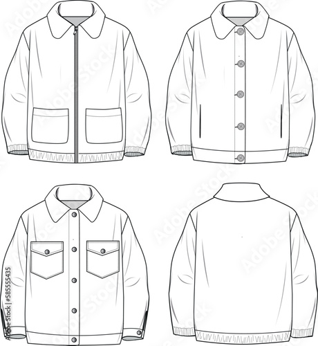 Women's Button-up Teddy Coat. Technical fashion illustration. Front and back, white colour. Women's CAD mock-