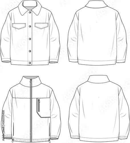 Women's Coat set. Technical fashion illustration. Front and back, white colour. Women's CAD mock-