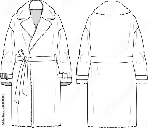 Women's Teddy Long Line Coat. Technical fashion illustration. Front and back, white colour. Women's CAD mock-