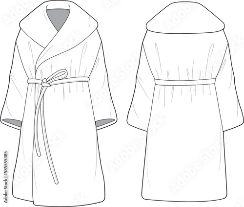 Women's Teddy Long Line Coat. Technical fashion illustration. Front and back, white colour. Women's CAD mock-