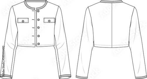 Women's Trimmed Crop Jacket. Technical fashion illustration. Front and back, white color. Women's CAD mock-up.