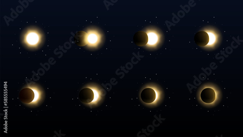 Solar eclipse in different phases. Cosmos with moon and sun in total and partial solar eclipse and stars isolated on transparent background, vector realistic illustration