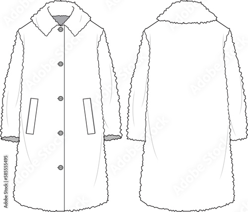 Women's Teddy Long Line Coat. Technical fashion illustration. Front and back, white colour. Women's CAD mock-