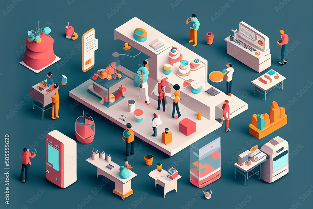 Isometric 3d illustrations set, startup SEO and data analysis, digital marketing with characters working,  generative ai