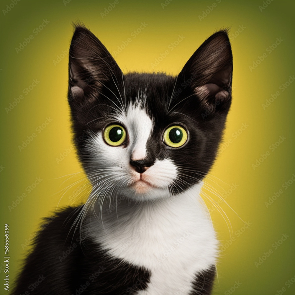 A Black and White kitten like cat with big green eyes (AI Generative)