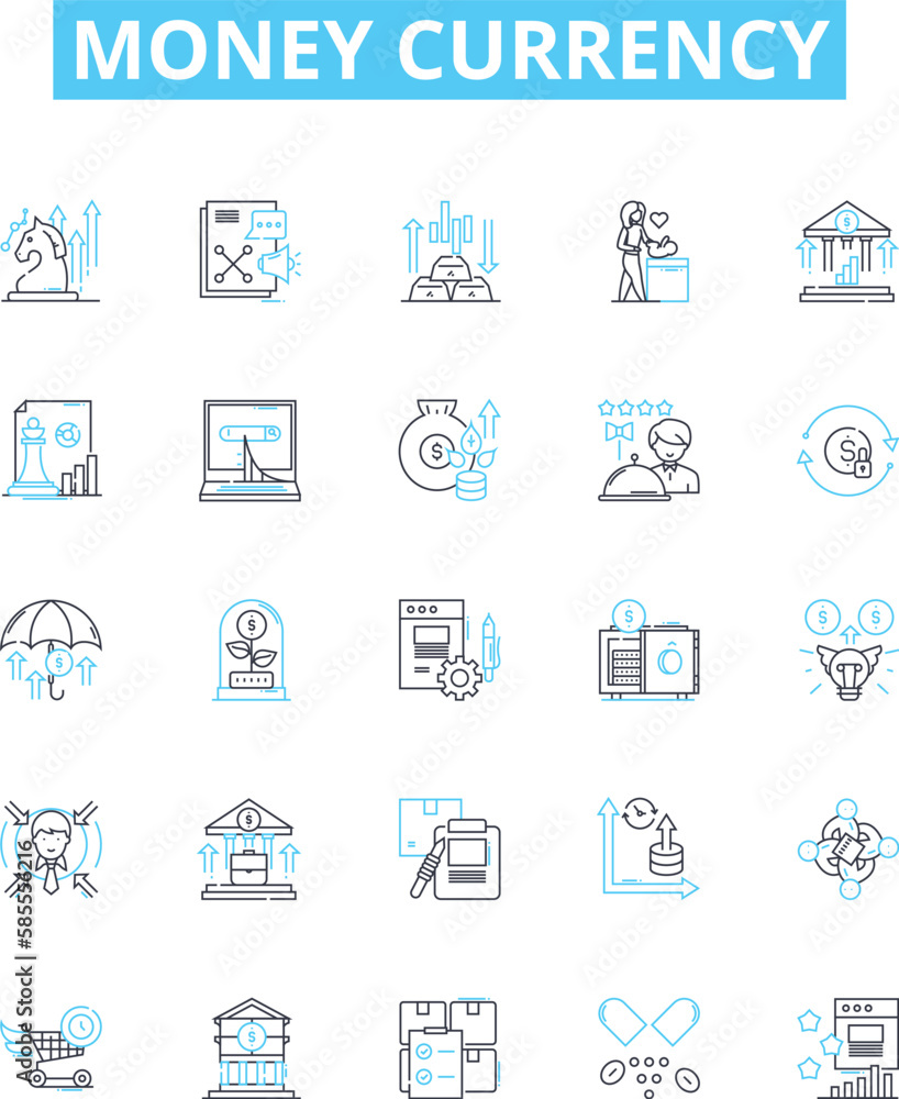 Money currency vector line icons set. Money, Currency, Dollars, Euro, Pound, Yen, Rupee illustration outline concept symbols and signs