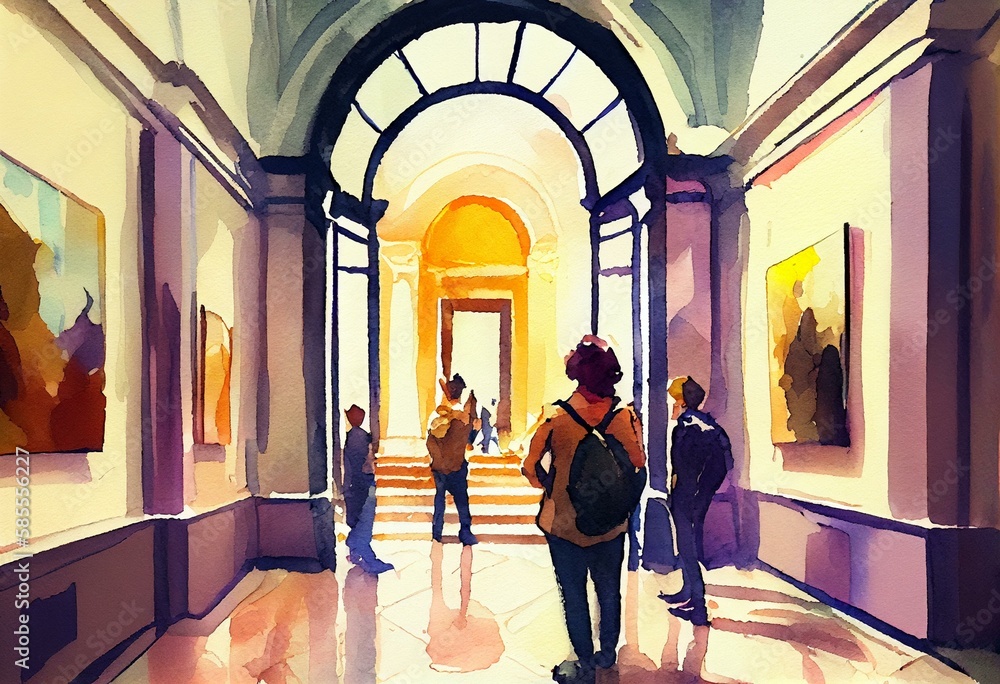 A visit to a famous art gallery, watercolor style, Generative AI