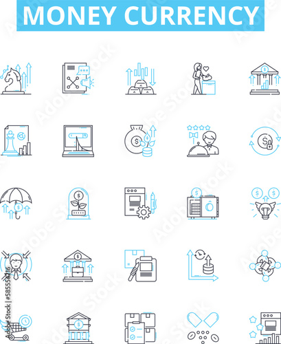Money currency vector line icons set. Money, Currency, Dollars, Euro, Pound, Yen, Rupee illustration outline concept symbols and signs