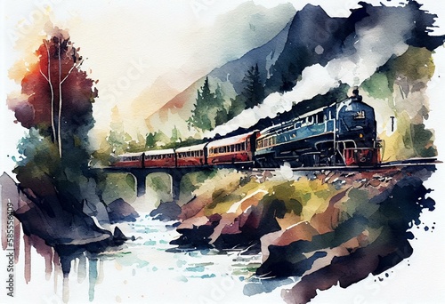 A train journey through scenic landscapes, watercolor style, Generative AI #585556409