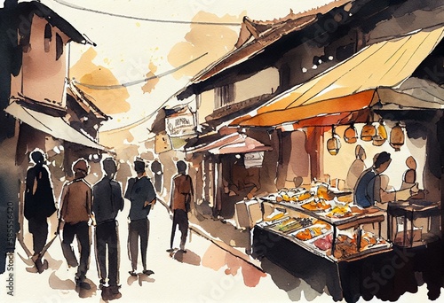 Fototapeta Naklejka Na Ścianę i Meble -  A food tour through a foreign city, watercolor style, Generative AI