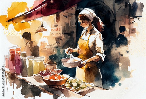 Fototapeta Naklejka Na Ścianę i Meble -  A food tour through a foreign city, watercolor style, Generative AI