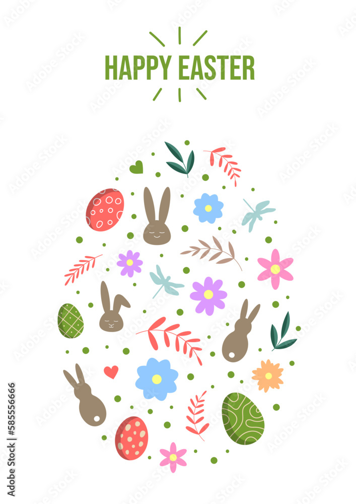 Egg-shaped picture with objects inside (plants, bunnies, eggs,flowers and other). Great picture for greeting cards. For printing or web Egg-shaped picture with objects inside (plants, bunnies, eggs,flowers and other). Great picture for greeting cards. For printing or web