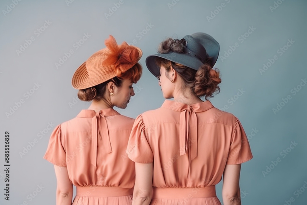 two stylish women in pink dresses and classic hats on grey background, back side view, created with Generative AI Technology two stylish women in pink dresses and classic hats on grey background, back side view, created with Generative AI Technology