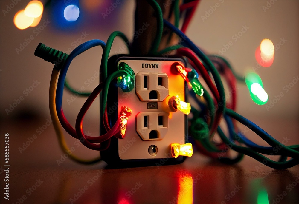 Electrical outlet overloaded with Christmas string lights. Holiday