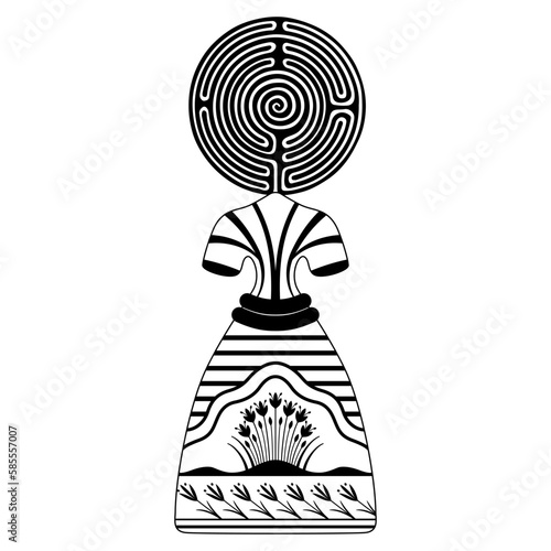 Figurine of Cretan Minoan woman or goddess with a round spiral maze or labyrinth symbol as her head. Ariadne. Black and white silhouette.