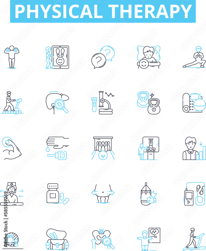 Physical therapy vector line icons set. Physiotherapy, Rehabilitation, Exercise, Massage, Movement, Musculoskeletal, Mobilisation illustration outline concept symbols and signs