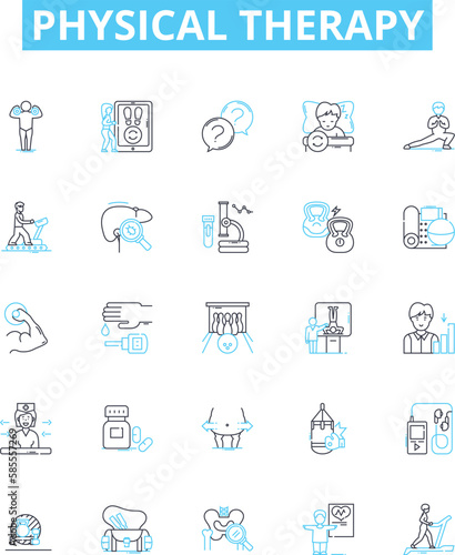 Physical therapy vector line icons set. Physiotherapy, Rehabilitation, Exercise, Massage, Movement, Musculoskeletal, Mobilisation illustration outline concept symbols and signs