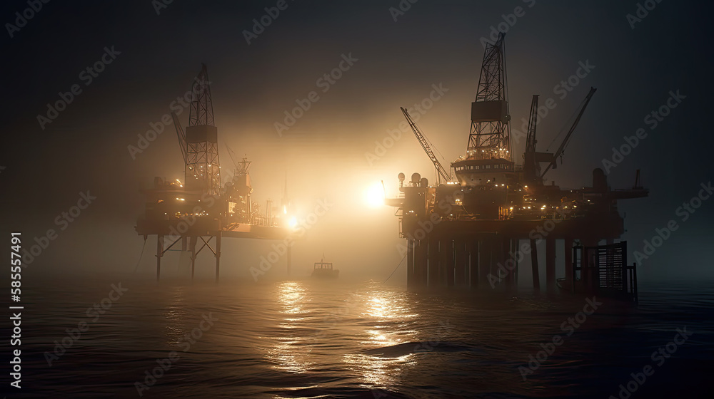 oil rig at sunset created with Generative AI technology