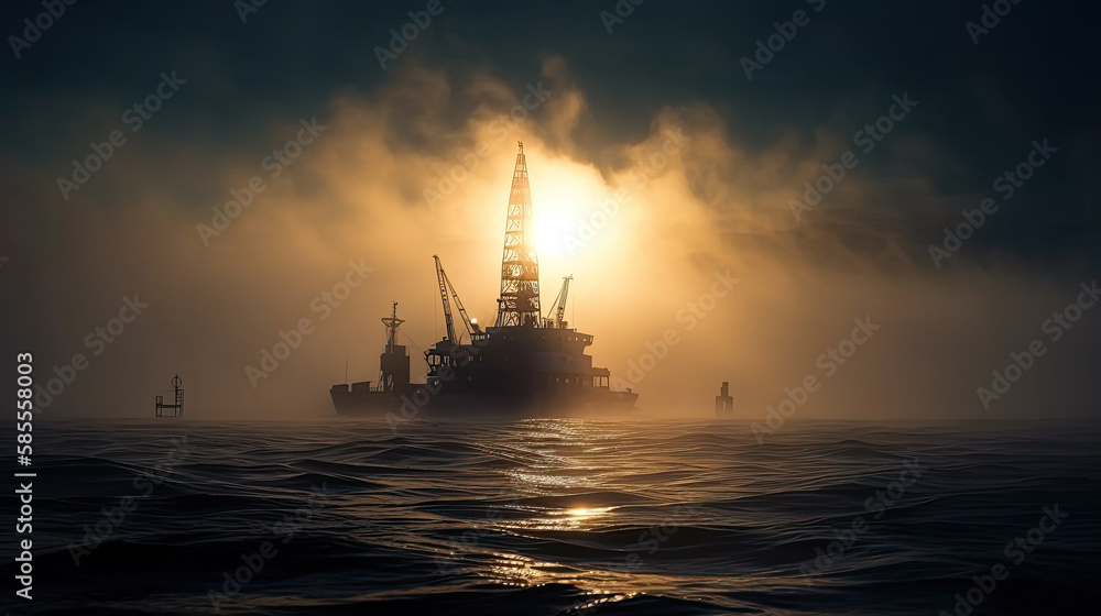 oil rig at sunset created with Generative AI technology