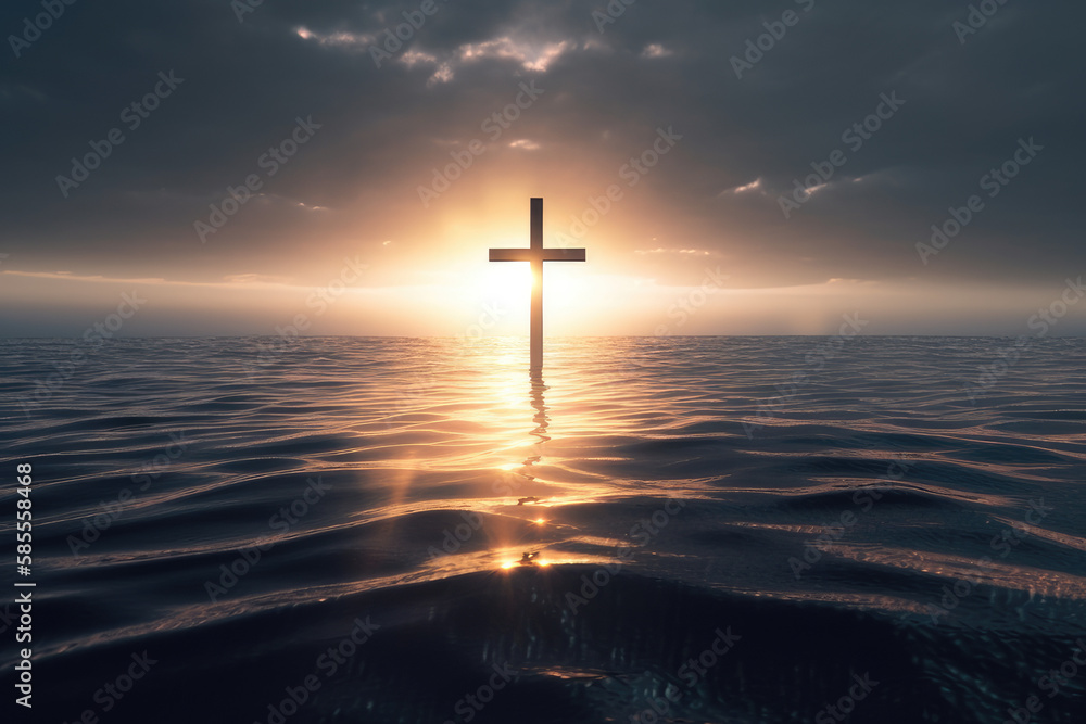 Kreuz schwebt auf einem Meer bei einem Sonnenuntergang