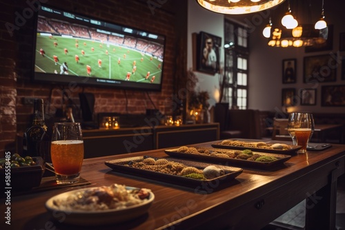 Preparation for watching the sport game.Cooled glass of beer with condensate on the wooden table. Blurred bar at the background Generative AI