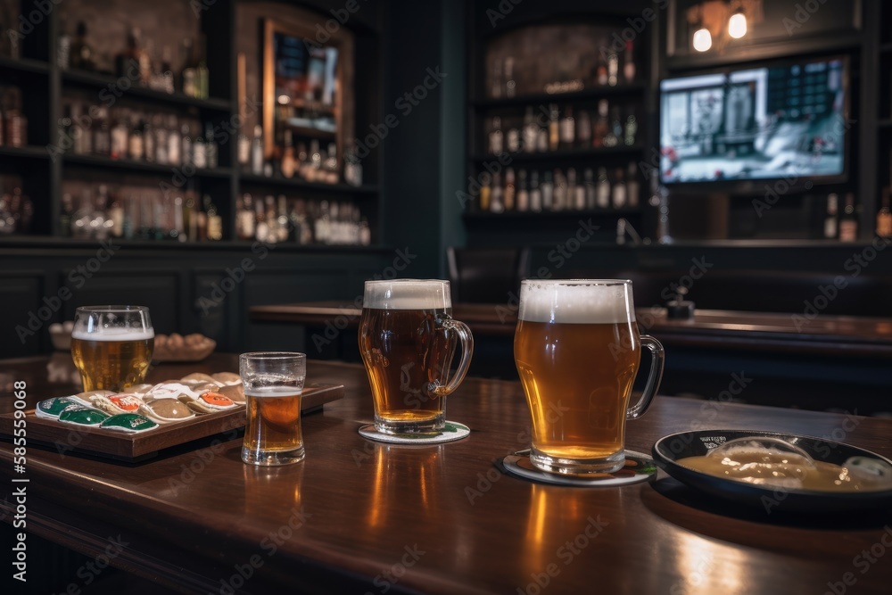 Preparation for watching the sport game.Cooled glass of beer with condensate on the wooden table. Blurred bar at the background Generative AI Preparation for watching the sport game.Cooled glass of beer with condensate on the wooden table. Blurred bar at the background Generative AI