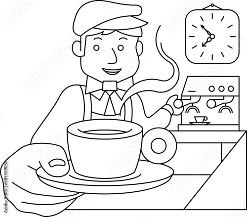 Barista serves coffee espresso, smiling barista working behind cafe counter has just made coffee from professional coffee machine vector line art illustration